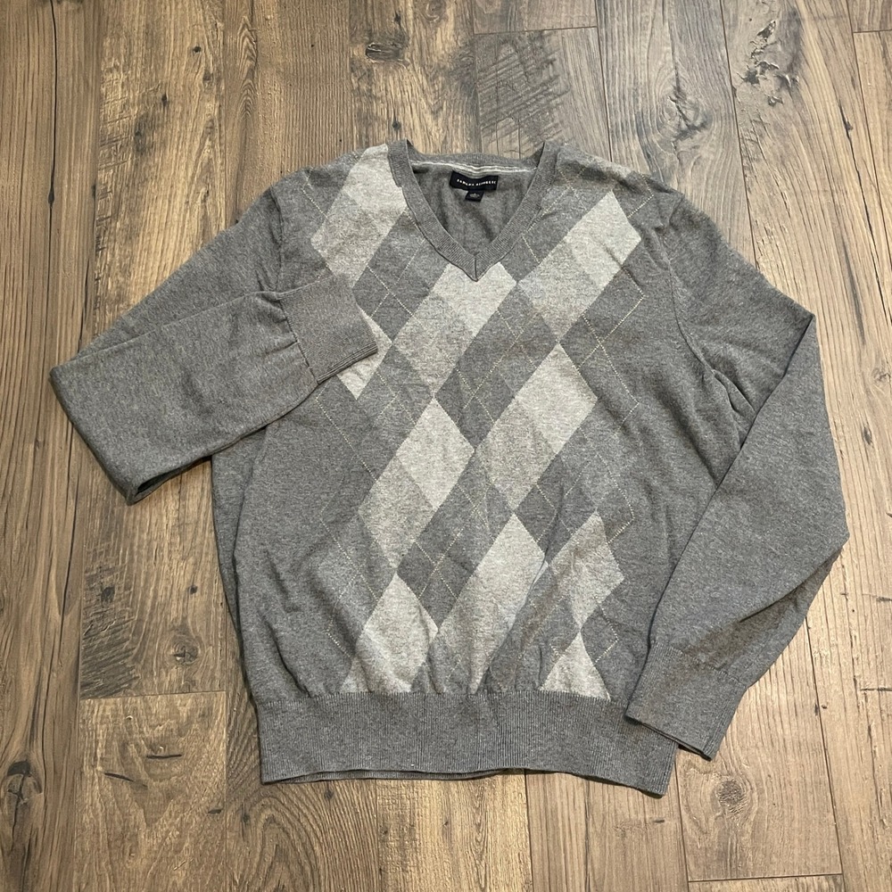Banana Republic Mens Large Grey Argyle V-Neck 100% Cotton Sweater S/832796-00